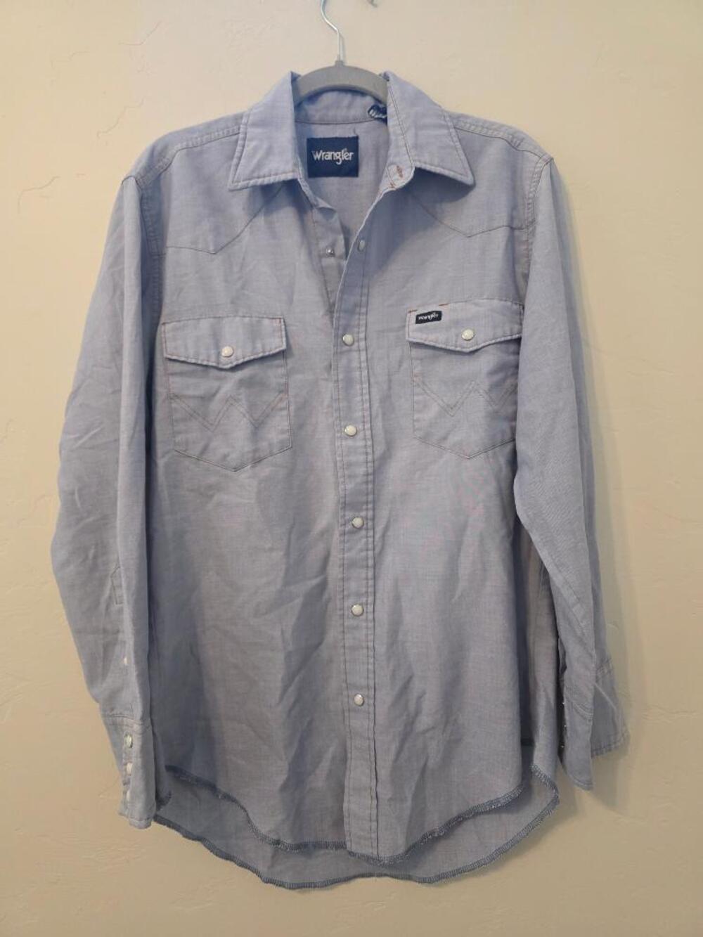 Wrangler Western Pearl Snap Shirt Mens 15x33 Light Blue Chambray
